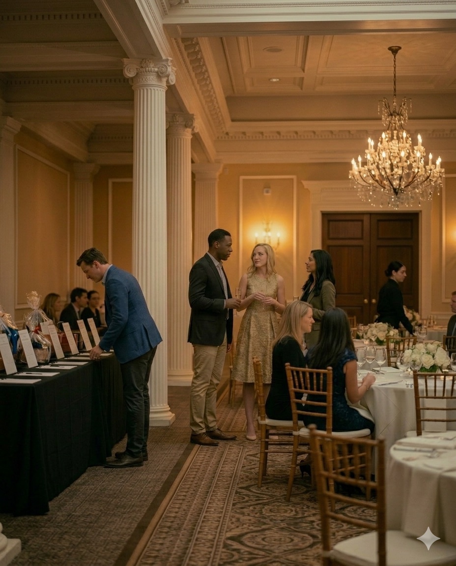 Guests mingling at a formal gala with silent-auction tables in a chandelier-lit ballroom